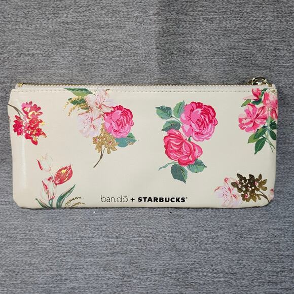 Limited Edition Starbucks & Bando Flower Cosmetic Pouch Bag Clutch Roses Flowers - Picture 1 of 3
